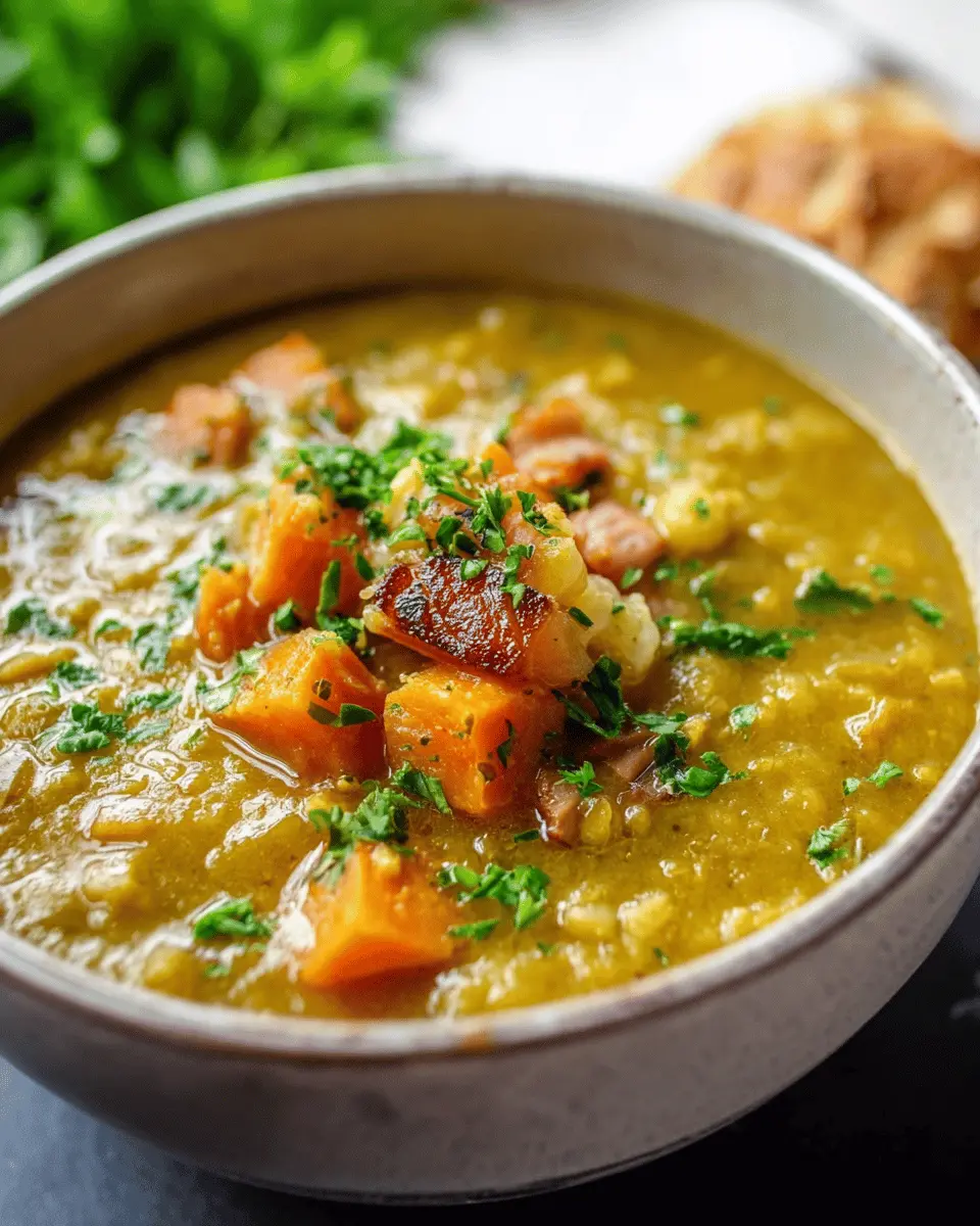 Hearty Crockpot Split Pea Soup with Turkey Bacon and Chicken Ham