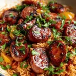 One Pan Sweet and Tangy Barbecue Sausage Rice