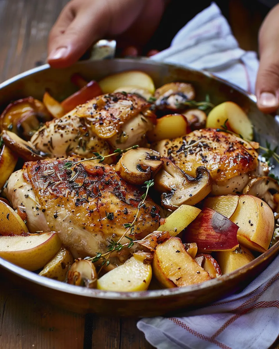 Creamy Thyme Chicken Delight with Sautéed Apples and Mushrooms