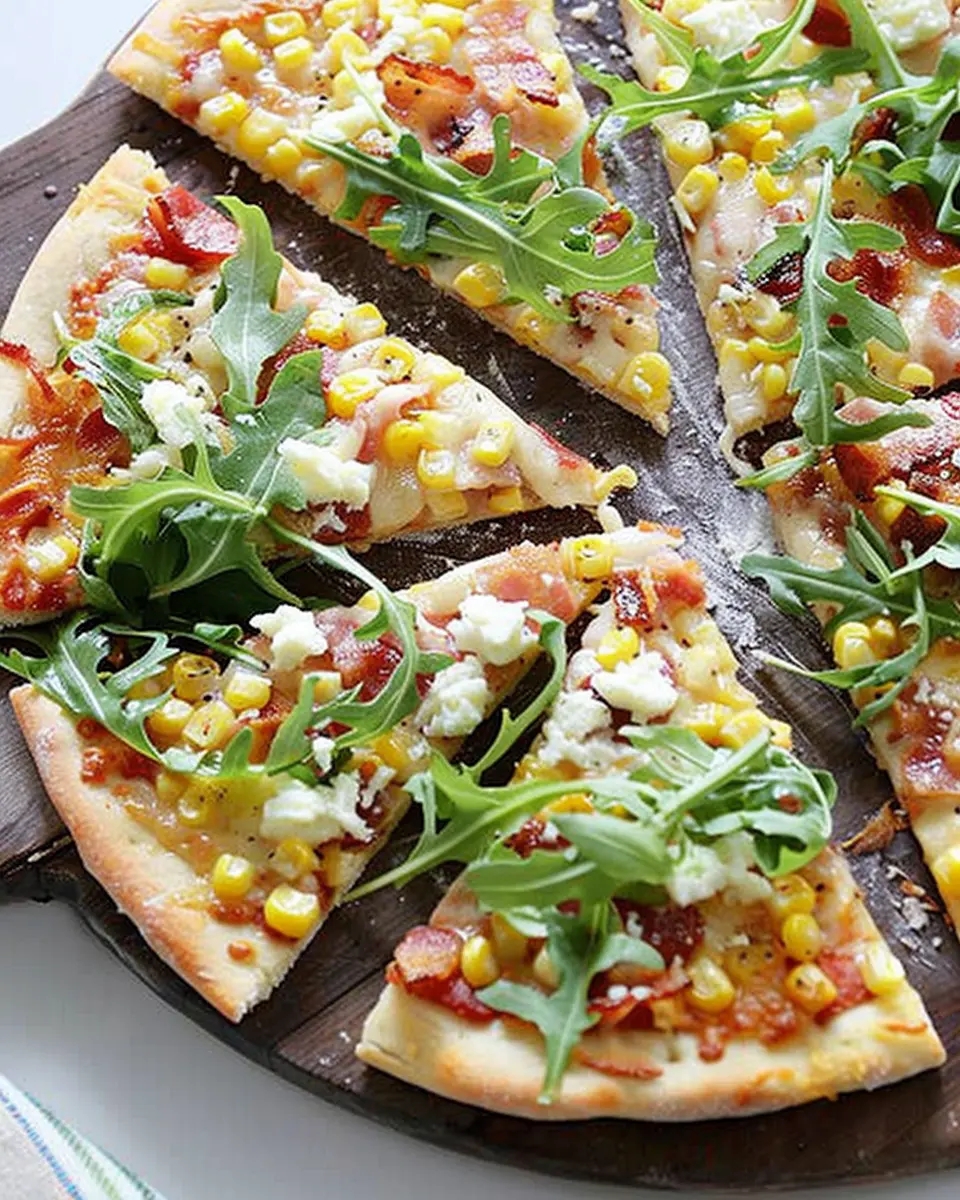Grilled Corn and Turkey Bacon Pizzas with Baby Arugula Delight