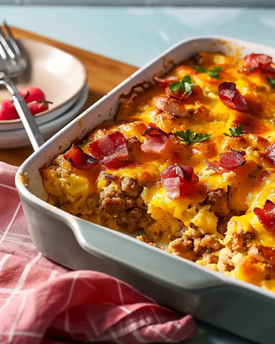 Breakfast casserole with turkey bacon and chicken ham delightfully easy to make