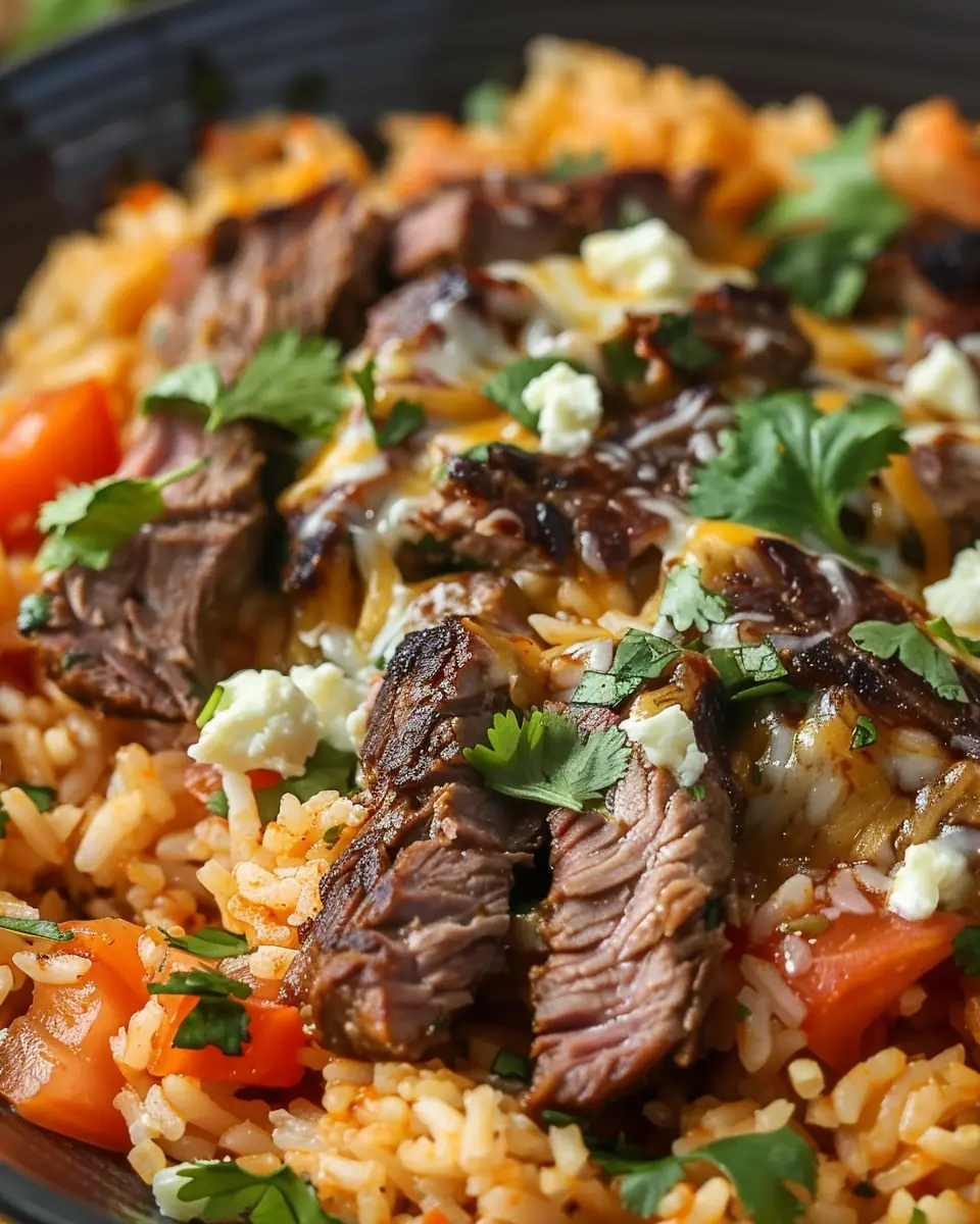 Creamy Queso Rice with Juicy Steak Strips for a Cozy Dinner