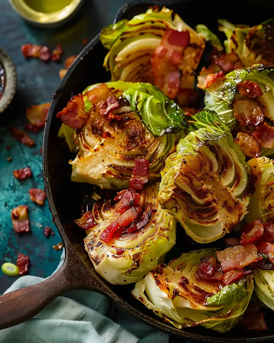Skillet Roasted Cabbage Wedges with Savory Turkey Bacon Dressing