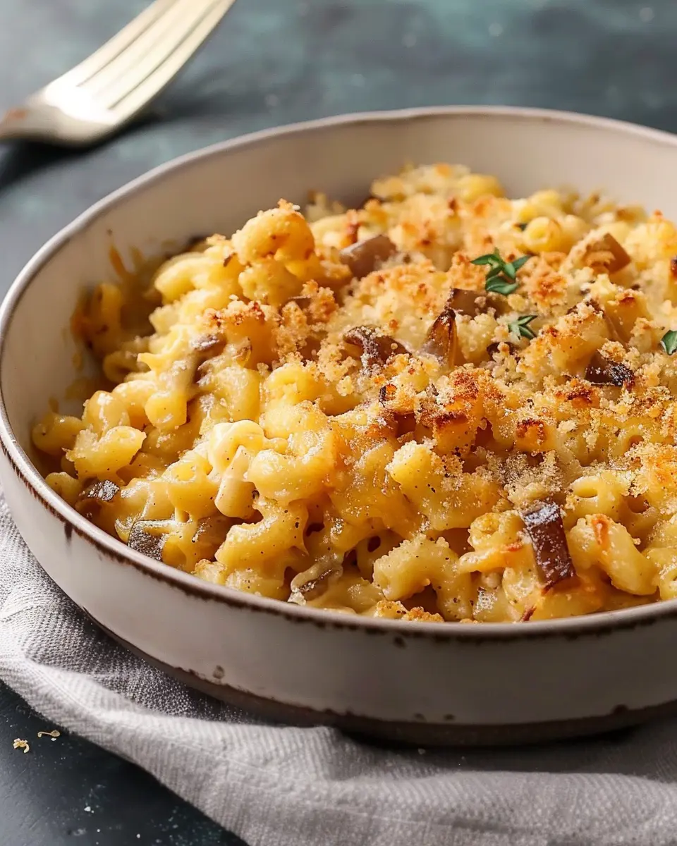 Decadent French Onion Mac and Cheese with Turkey Bacon Delight