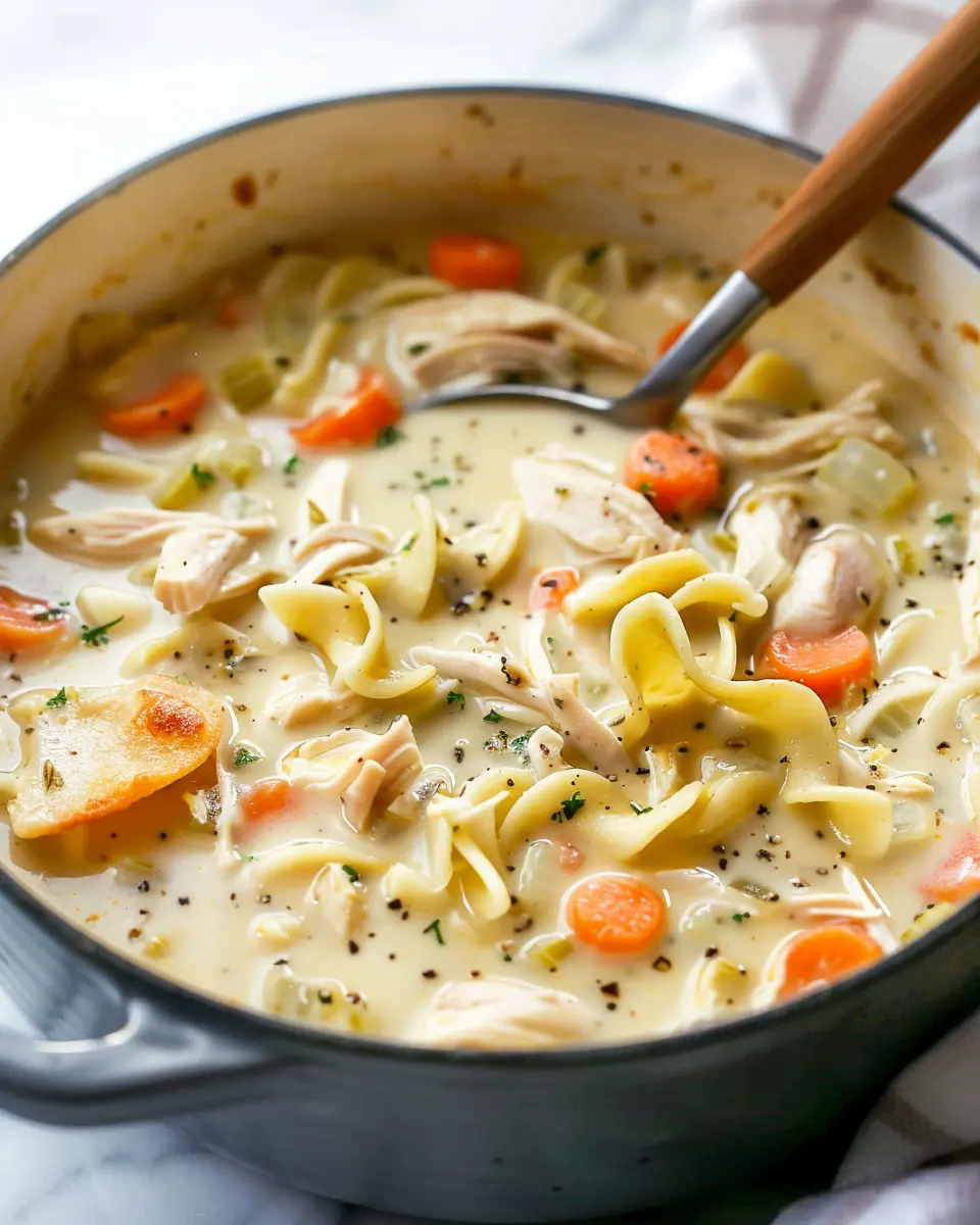 Easy Creamy Chicken Noodle Soup with Turkey Bacon Delight