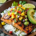 Grilled Lime Salmon with Avocado-Mango Salsa and Coconut Rice