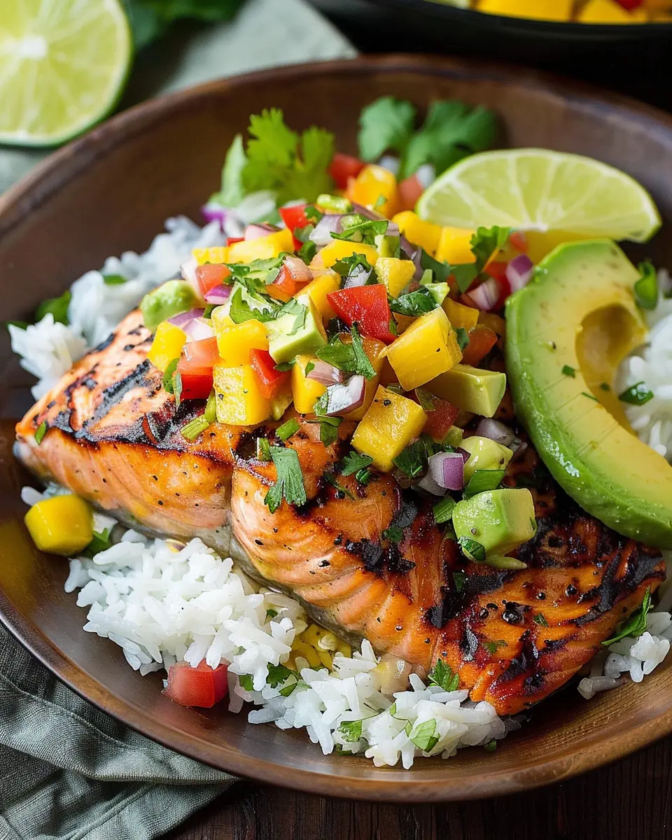 Grilled Lime Salmon: Best Recipe with Avocado-Mango Salsa &amp; Coconut Rice