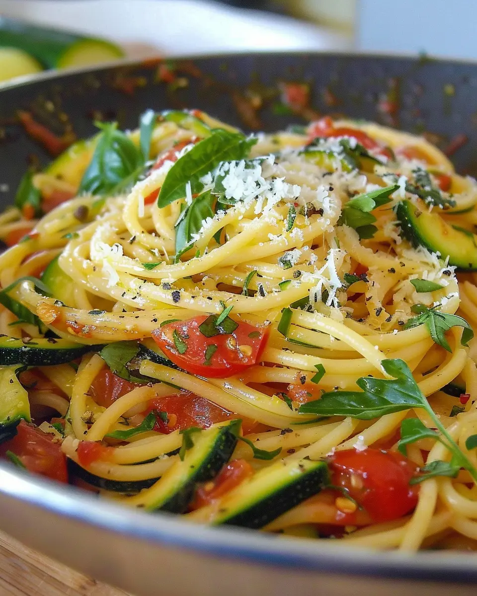 Summery tomato zucchini pasta with turkey bacon: a fresh delight