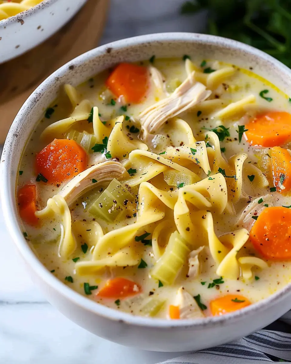 Easy Creamy Chicken Noodle Soup with Turkey Bacon Delight